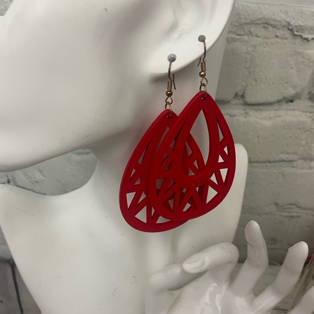 Red Wooden Large Teardrop Fashion Jewelry Earrings